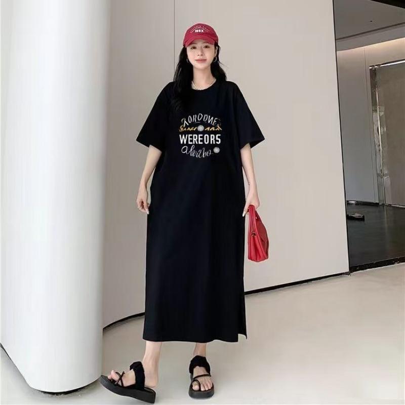 

Women s Summer Mid-length Slit Dress Short-sleeved Casual Loose Dress M чёрный