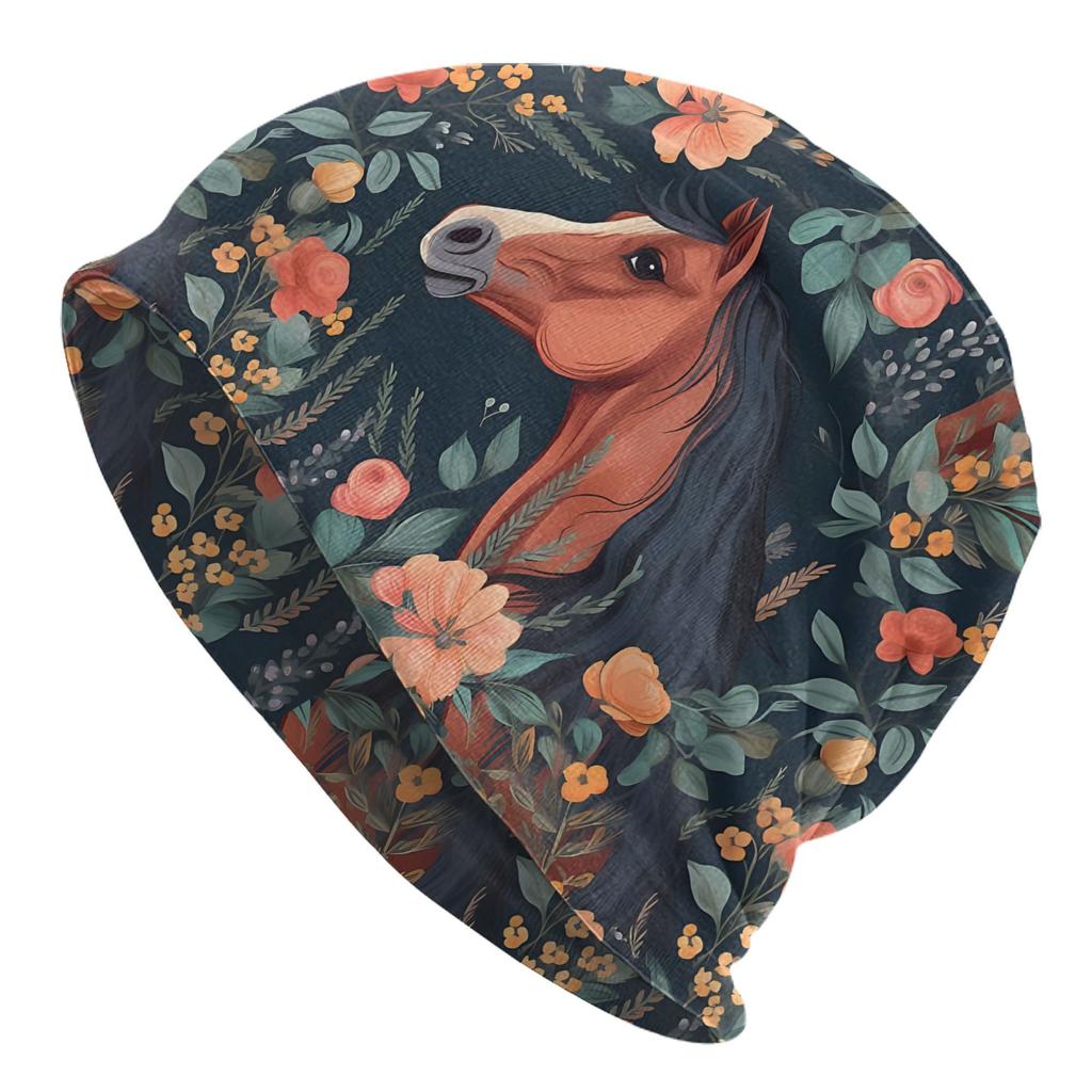 Pc Fashionable Horse Print Knit Beanie for Men Polyester and Elastane Skull Cap Artistic Bonnet with Floral Design