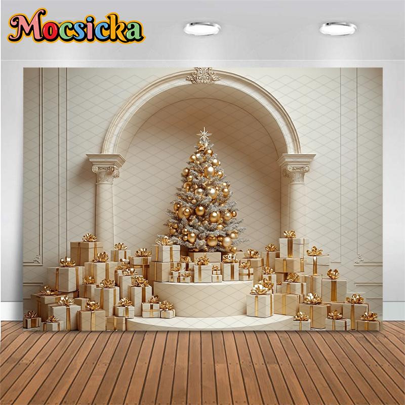 Mocsicka Weihnachtsbaum Kulisse für Fotografie Beige Wand Tür Geschenk Baby Aufnahme Requisiten Dekoration Hintergrund Studio Photocall