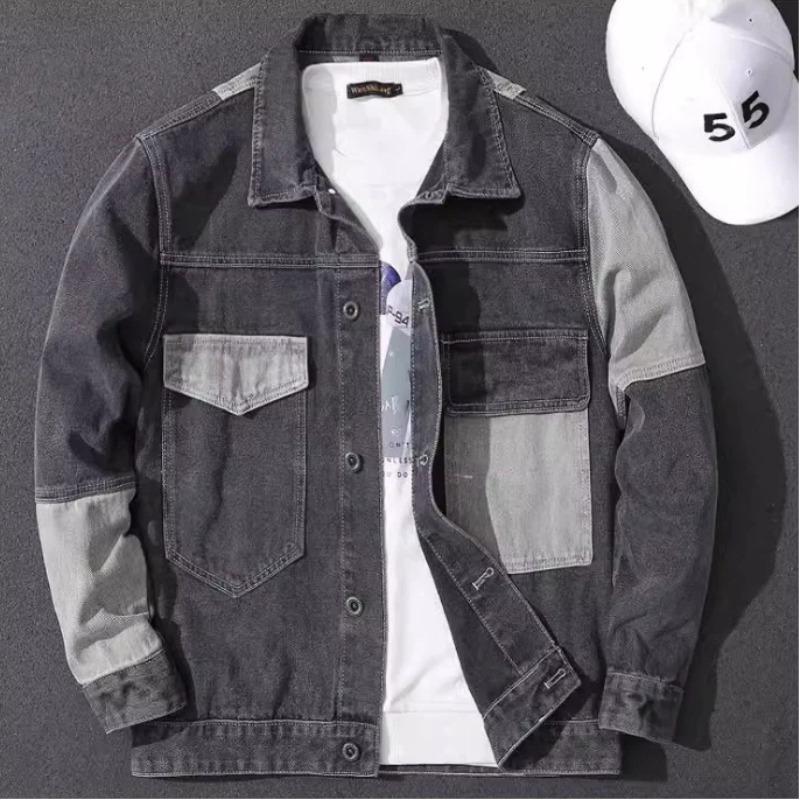 Koreanischer Stil Denim Patchwork Oberbekleidung Herren Jacke mit Kragen Lässig Minimalistisch Mode Trendige Frühling Herbst Neuer Stil Jacke