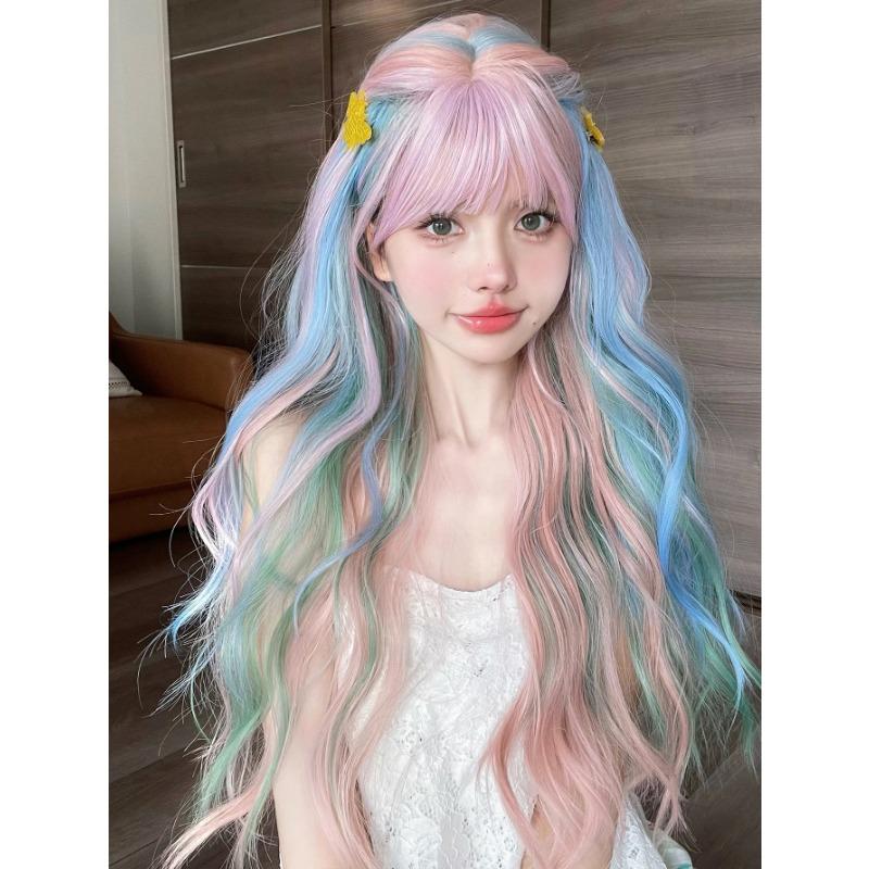 28Inch Iridescent Rainbow Color Multicolour Synthetic Wigs with Bang Long Natural Wavy Hair Wig for Women Cosplay Heat Resistant