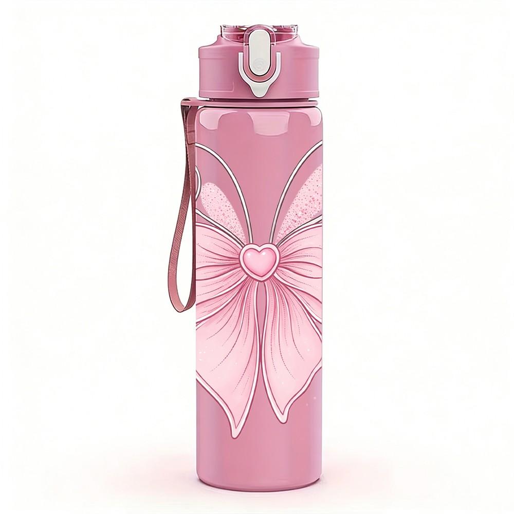 1PC Pink Bow Ribbon Easter Soft Line Art 750ml Color Plastic Sports Water Bottle Leakproof Flip Straw Lid Suitable for Sports Office Home Use