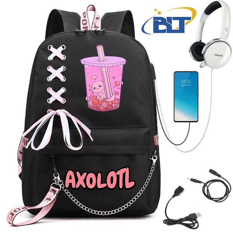 Cute Axolotl Printed Student Schoolbag for Girls Black Backpack Usb Kids Casual Bag Back To School Gift
