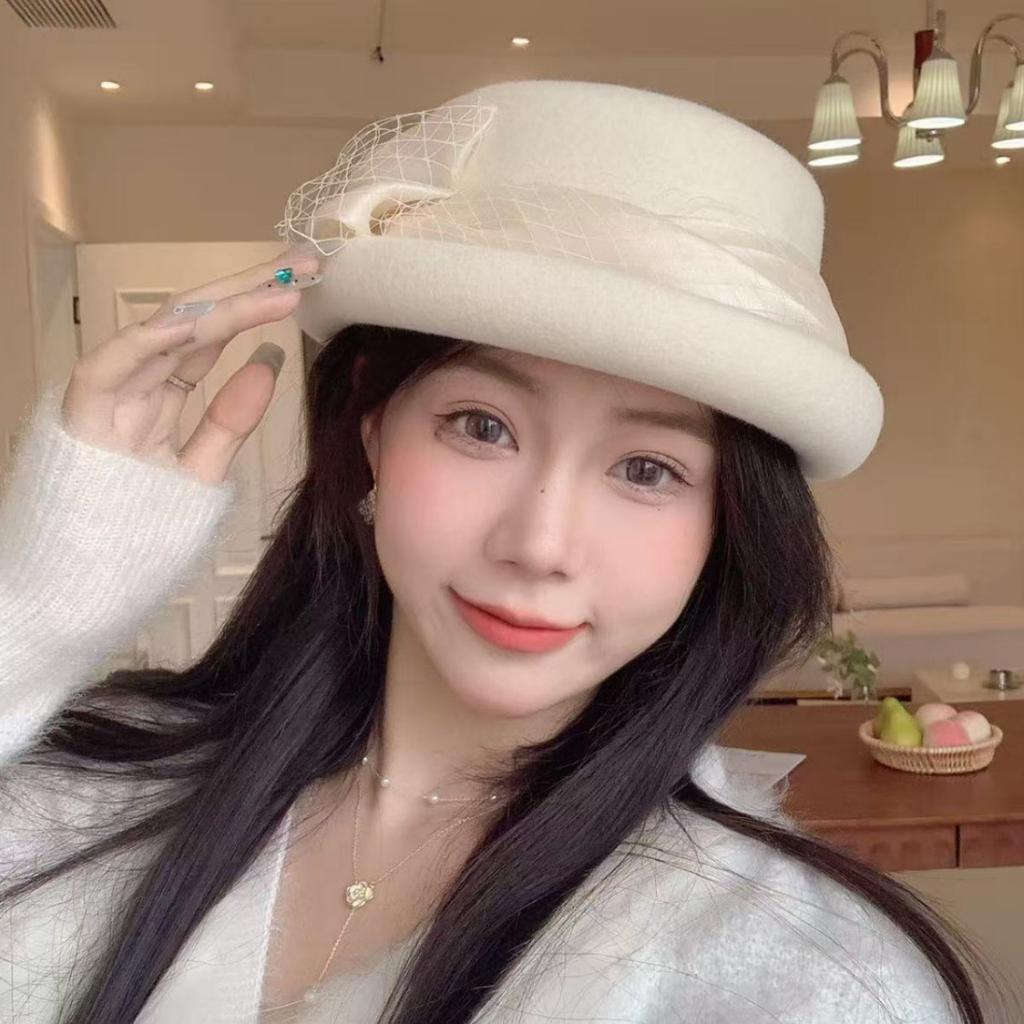 Light Luxury Winter French Crimped Woolen Top Hat Women's High-end Beret Gauze Elegant Basin Hat Shows the Face Is Small and Versatile