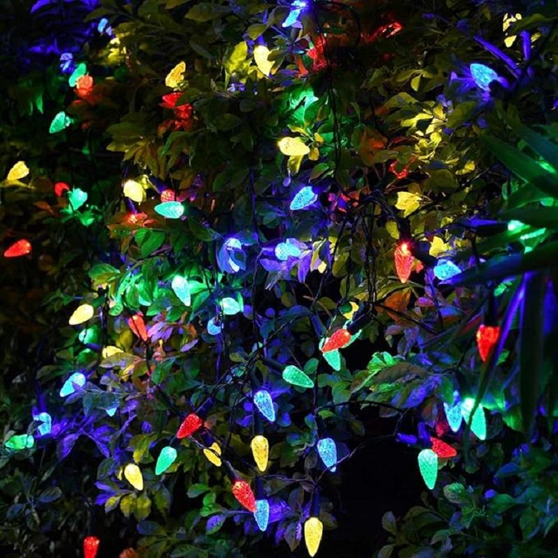 7M 50LED Solar C6 Bulbs String Lights Strawberry Christmas Fairy Garland Light Outdoor Waterproof Xmas Tree New Year Decor
