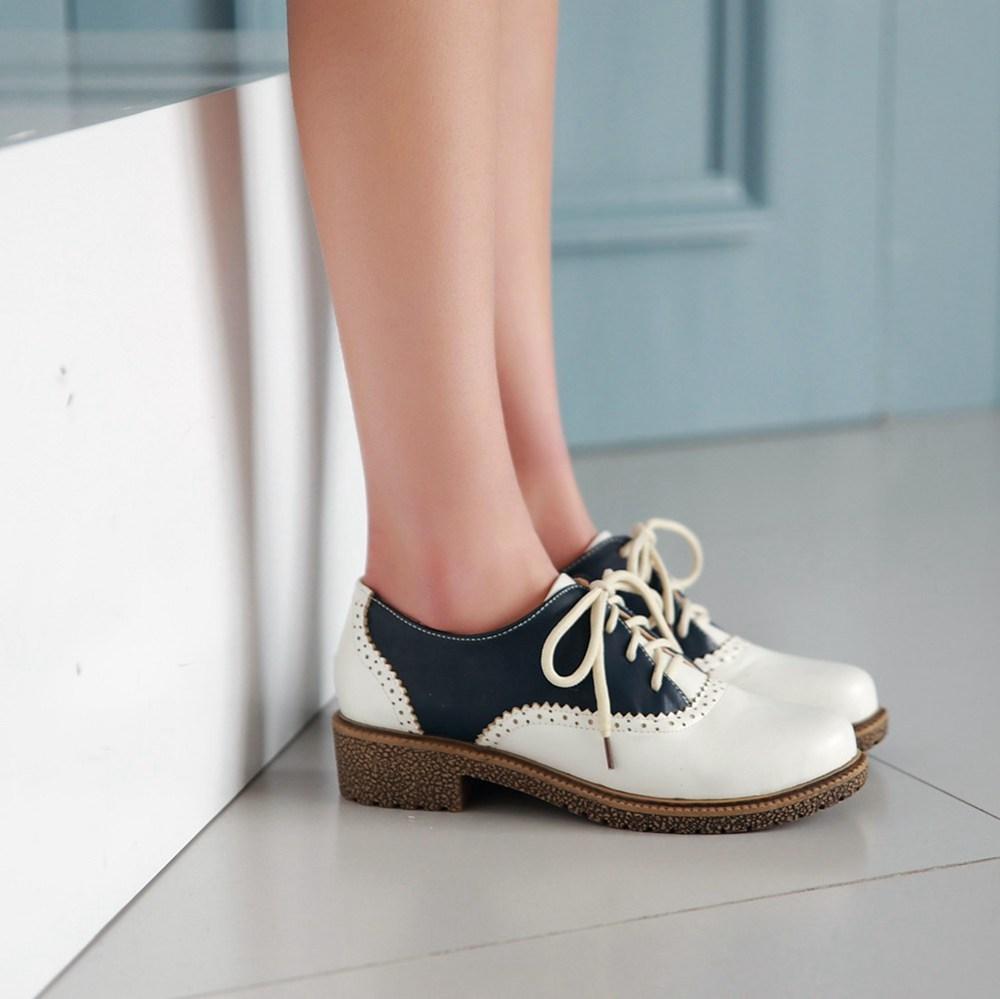 Retro Women Oxford Shoes Chunky Heel Round Toe Lace Up Leather Shoes Party Brogue Derby Shoes