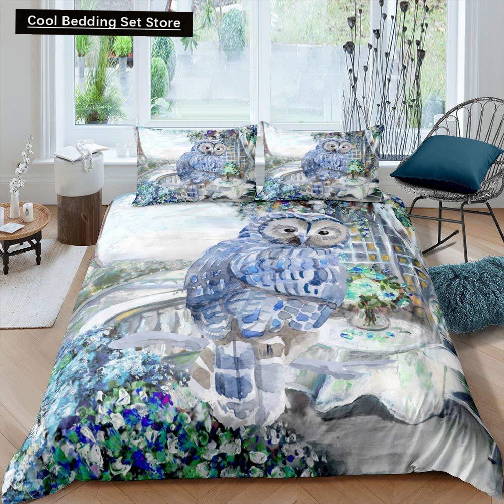 Black Owl King Queen Duvet Cover Moon Safari Bird Animal Bedding Set Lovely Wildlife Quilt Cover Grey Polyester Comforter Cover