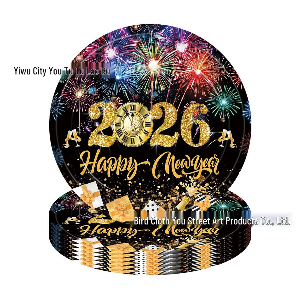 Black Gold New Year Party Set: Colorful Disposable Plates, Tablecloth, and Napkins