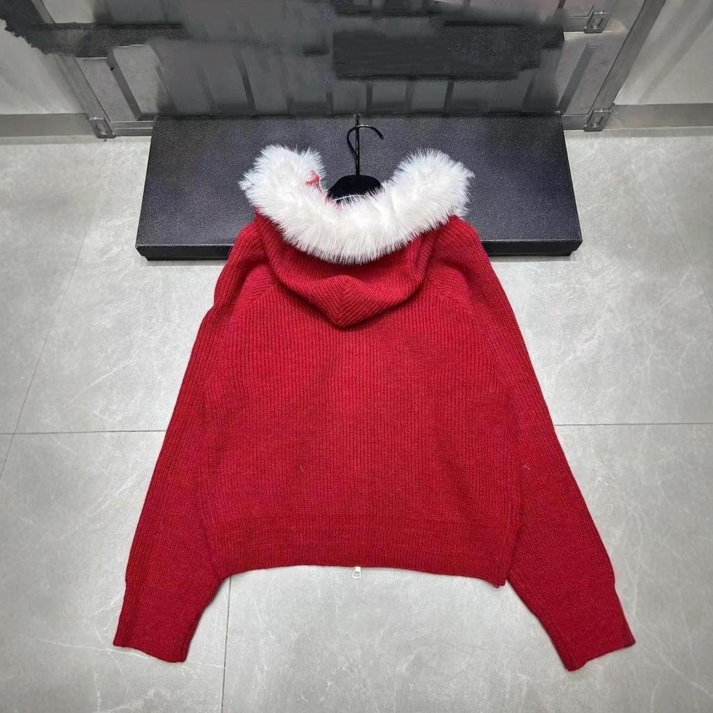 Miu Style 2025 Autumn/Winter Pom-Pom Hooded Zipper Knit Cardigan - Loose, Versatile Outerwear