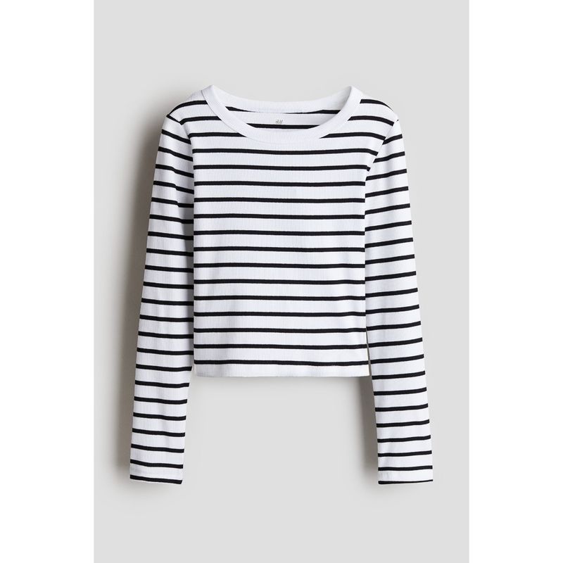 

HM Children s Clothing Girl T-shirt Autumn Plaid Rib Cotton Jersey Tops 1241315 White/Stripes 140/68