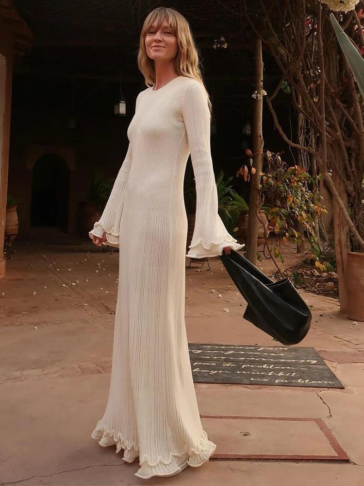 Elegant Flared Long Sleeve O-Neck Dress Women Casual Lace Fishtail Slim Party Dresses Female Fshion Chic Solid Summer Streetwear Dress