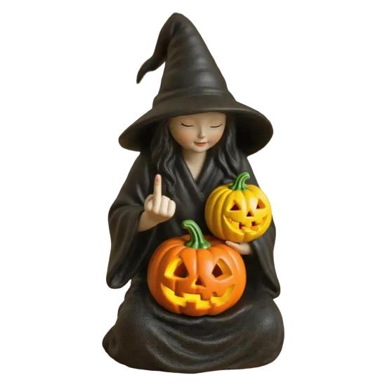 Halloween Ornament Dark Humor Witchcraft Vibe Creepy Witch Statue Black Robe Cat Themed Resin Home Decor