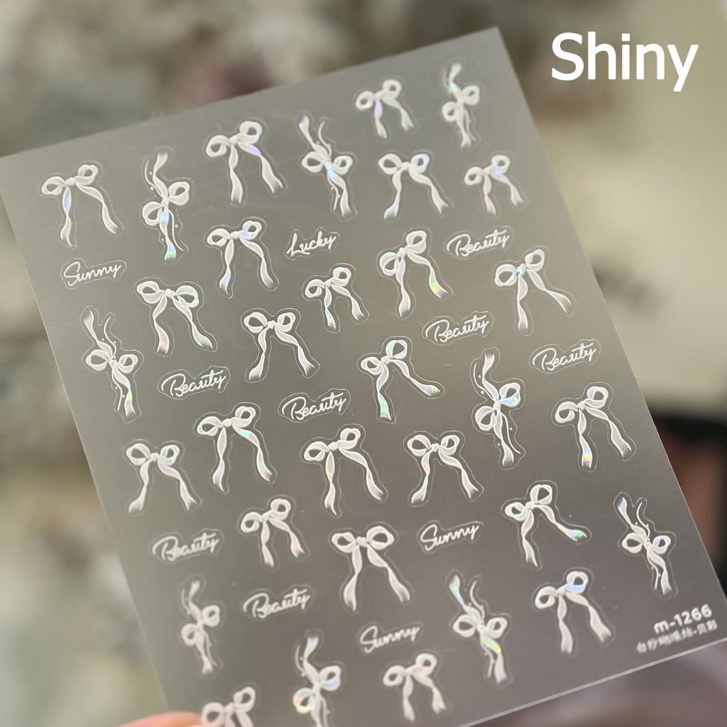 Shiny Polarized White Ribbon Bowknot Stars Tassel 3D Self Adhesive Nail Art Stickers Lovely Bow 5D Embossed Manicure Decals