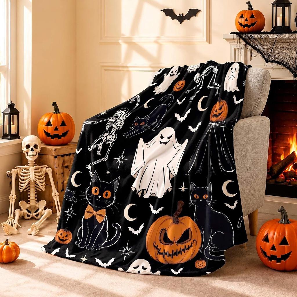 Cute Halloween Blanket 50x60 Inch - Ghost, Black Cat & Pumpkin Throw Blankets Cozy Soft Flannel Fleece for Sofa, Couch, Chairs and Bed, Spooky Decor