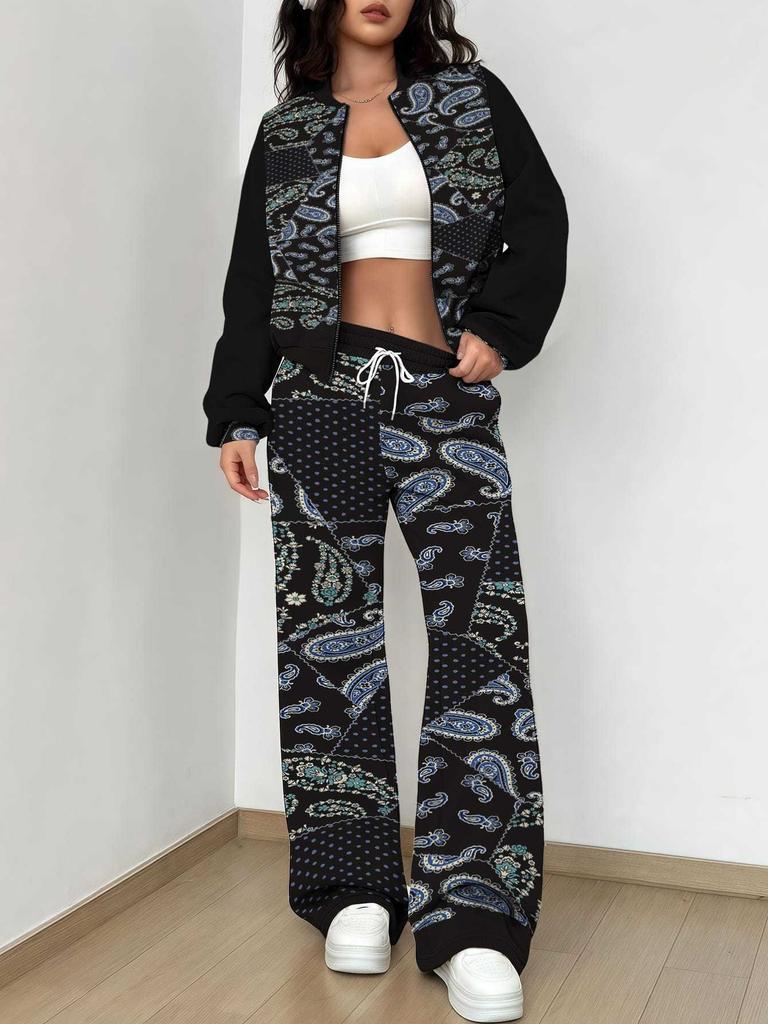 Splicing Autumn and Winter New European and American Women's Clothing Retro Pattern Printing Suit Women