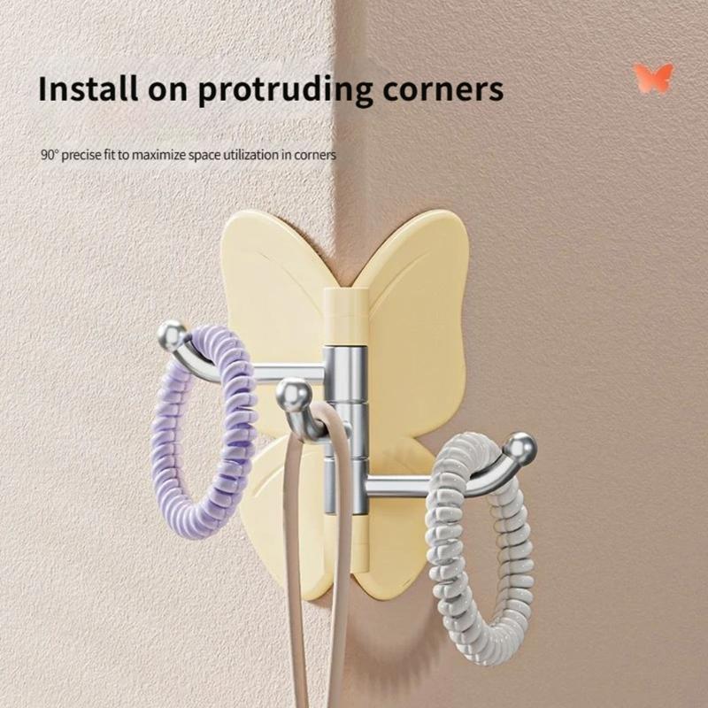 Butterfly Rotating Individual Adhesive Hooks,Butterfly Clasp Bathroom Corner Hook with 3-Hook 270° gyrate,None Drill Wall Mount Storage Hooks for Home