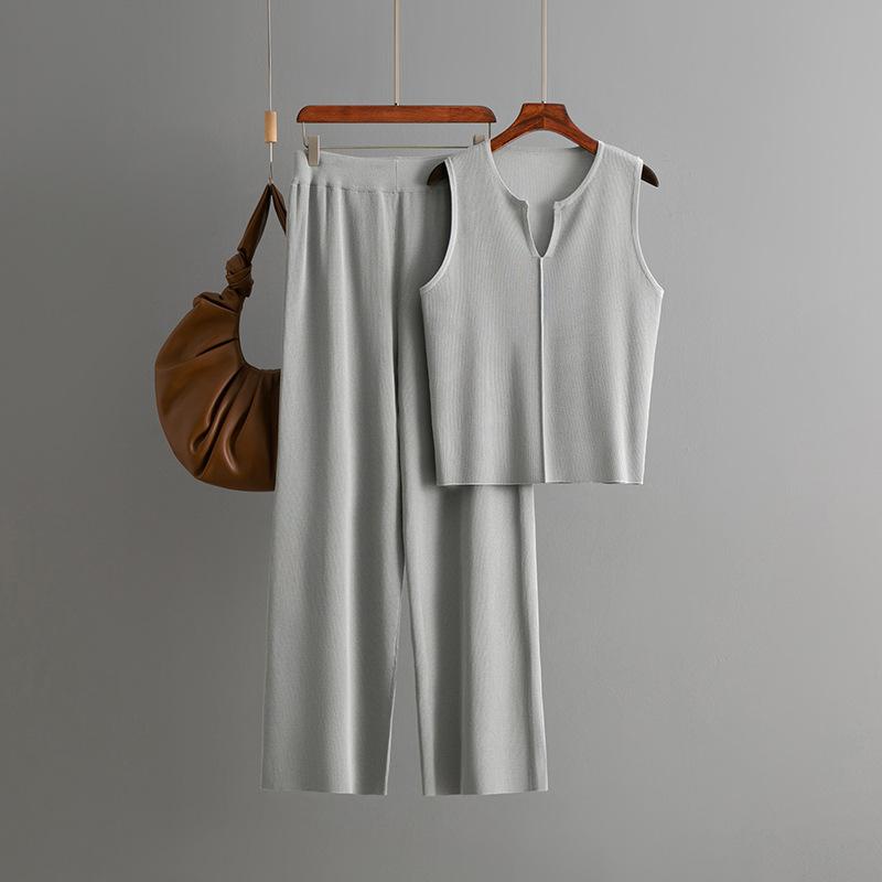 Summer New Simple Sleeveless Knitted Top Fashion Suit Casual Wide-leg Pants Two-piece Set Women