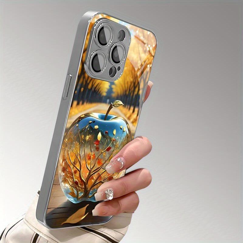 Minimalistyczne Złote Etui z Nadrukiem Jabłka na Szkle Galwanizowanym do Telefonu iPhone 17 16 15 14 13 12 11 Pro Max Plus 16E 17 Air Cover