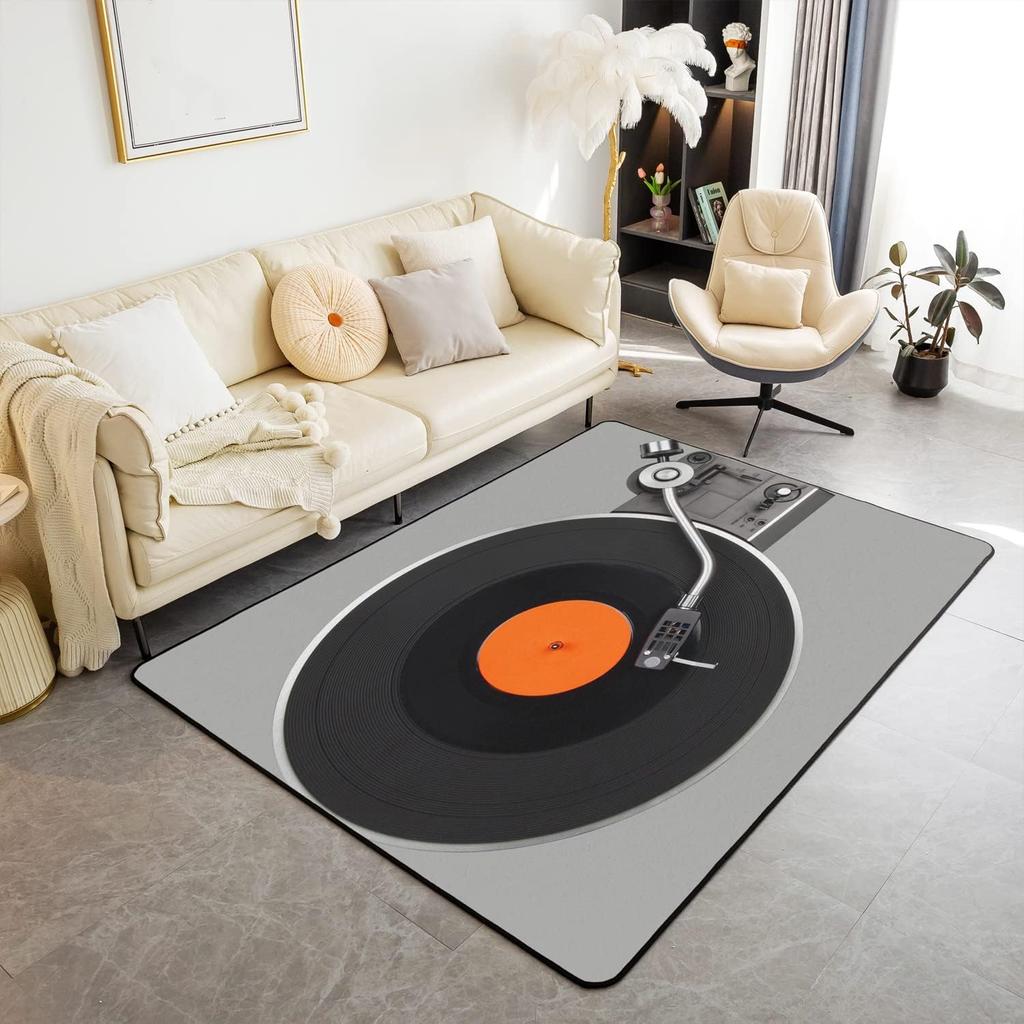 Record Area Rug CD Card Living Room Rugs Vintage Disc Print Decor Doormat Music Theme Carpet Non Slip Soft Indoor Floor Mat
