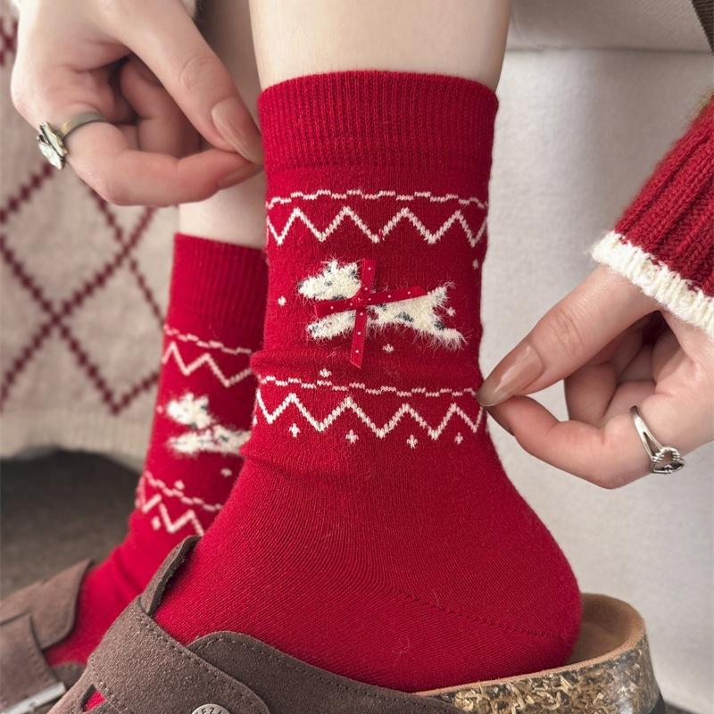 Christmas Bright Red Warm Wool Socks Bow Striped Cartoon Tube Socks New Year'S Red Stacking Socks