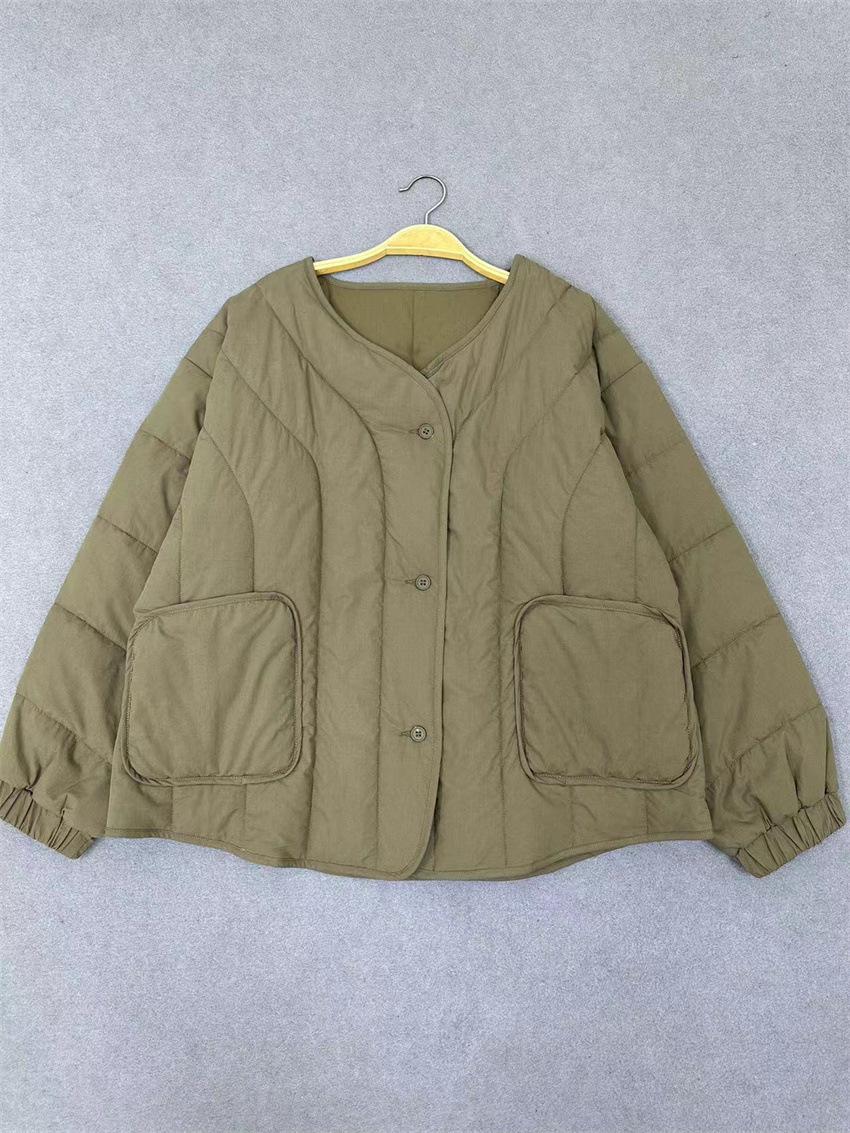 

Johnature Японские Женские Повседневные Ретро Куртки с V-образным вырезом Осень Зима Свободные Однотонные Хлопковые Теплые Тонкие Пальто One Size армия зеленый