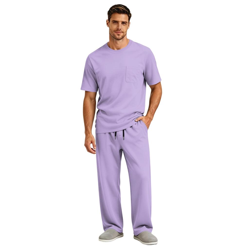 Men's Short Sleeve Pajama Set with Button Crotch and Elastic Waist Drawstring Pants for Sleepwear