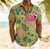 Men's Flamingo Tropical Fruit Print Short Sleeve Shirt, Spring Summer Fun Hawaiian Vacation Blouse, Loose Casual Top