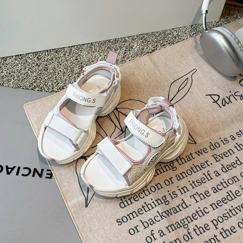 

Летние спортивные сандалии для мальчиков и девочек, детские повседневные летние пляжные сандалии с открытым носком, дышащие, с воздушной сеткой, противоударные, модные 27 розовый