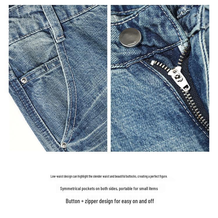 Blugi retro evazați cu talie joasă pentru femei - Colecția Primăvară/Toamnă 2025, Croială versatilă lejeră, Picior drept, Lungime până la podea.