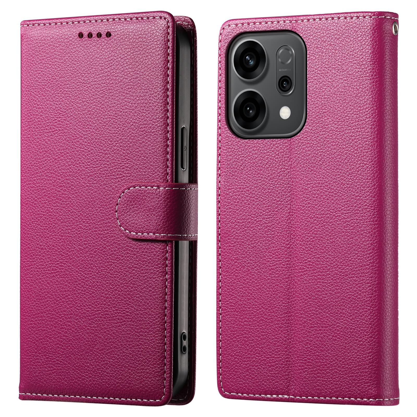 

For Oppo Reno14 5G (Global) Case Magnetic Snap Litchi Texture Leather Wallet Phone Cover with Wrist Strap Rose