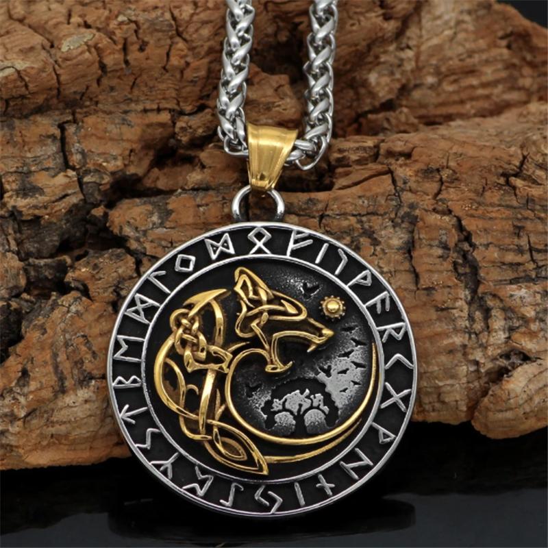 Wolf Vikings Pendant 316L Stainless Steel Nordic Compass Necklace with 60cm Chain