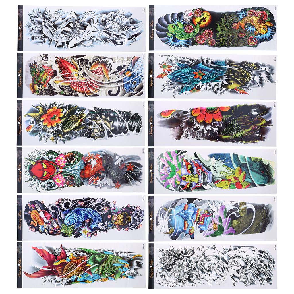 12pcs Fake Tattoo Sticker Temporary Waterproof Sweatproof Unisex Full Arm Tattoos Stickers