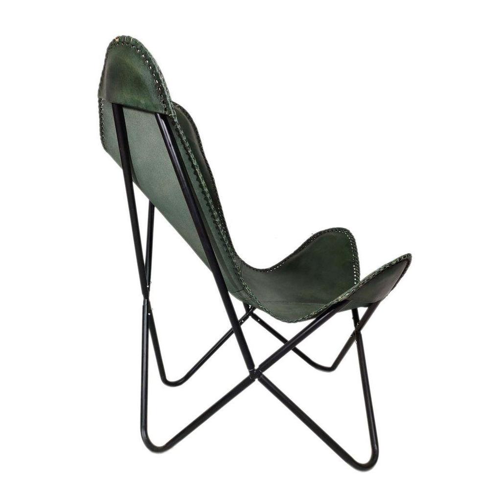 Green Leather Butterfly Chair with Black Stand - Genuine Buff Leather and Fully Comfortable Arm Rest Leather Chair