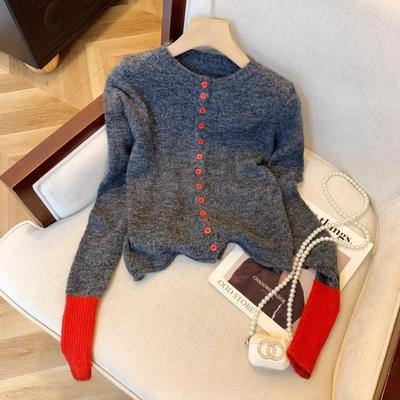 Dark Gray Button Sweater Cardigan Women's Spring Knitted Bottoming Shirt Lazy Wind Contrasting Color Cuff Splicing Top