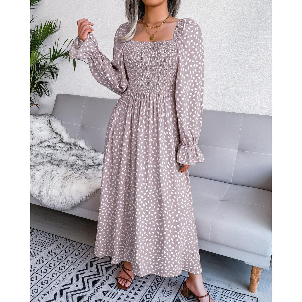 Printemps Été Robe de Vacances en Coton à Manches Longues et Col Carré Plissée Longue Robes pour Femmes