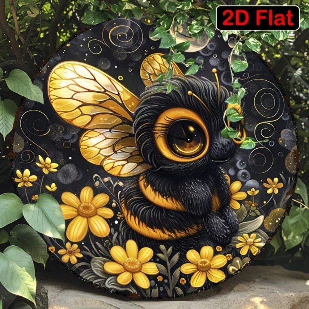 HOLIDAYARTS Round Metal Sign Bee Honey Flower Farmhouse Wall Decor, 2D Aluminum Art for Kitchen Office Cafe, Rustic