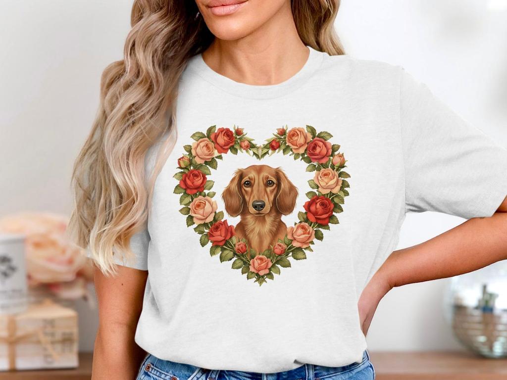 Dachshund Roses T-Shirt, Floral Heart Weiner Dog Tee, Pet Lover Gift