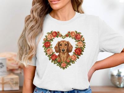 Dachshund Roses T-Shirt, Floral Heart Weiner Dog Tee, Pet Lover Gift