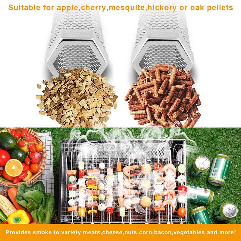 LMETJMA Tub Afumător Hexagonal cu Peleți 12 inch Oțel Inoxidabil BBQ Tub Afumător cu Peleți de Lemn pentru Afumare Rece/Caldă 5 Ore JT185
