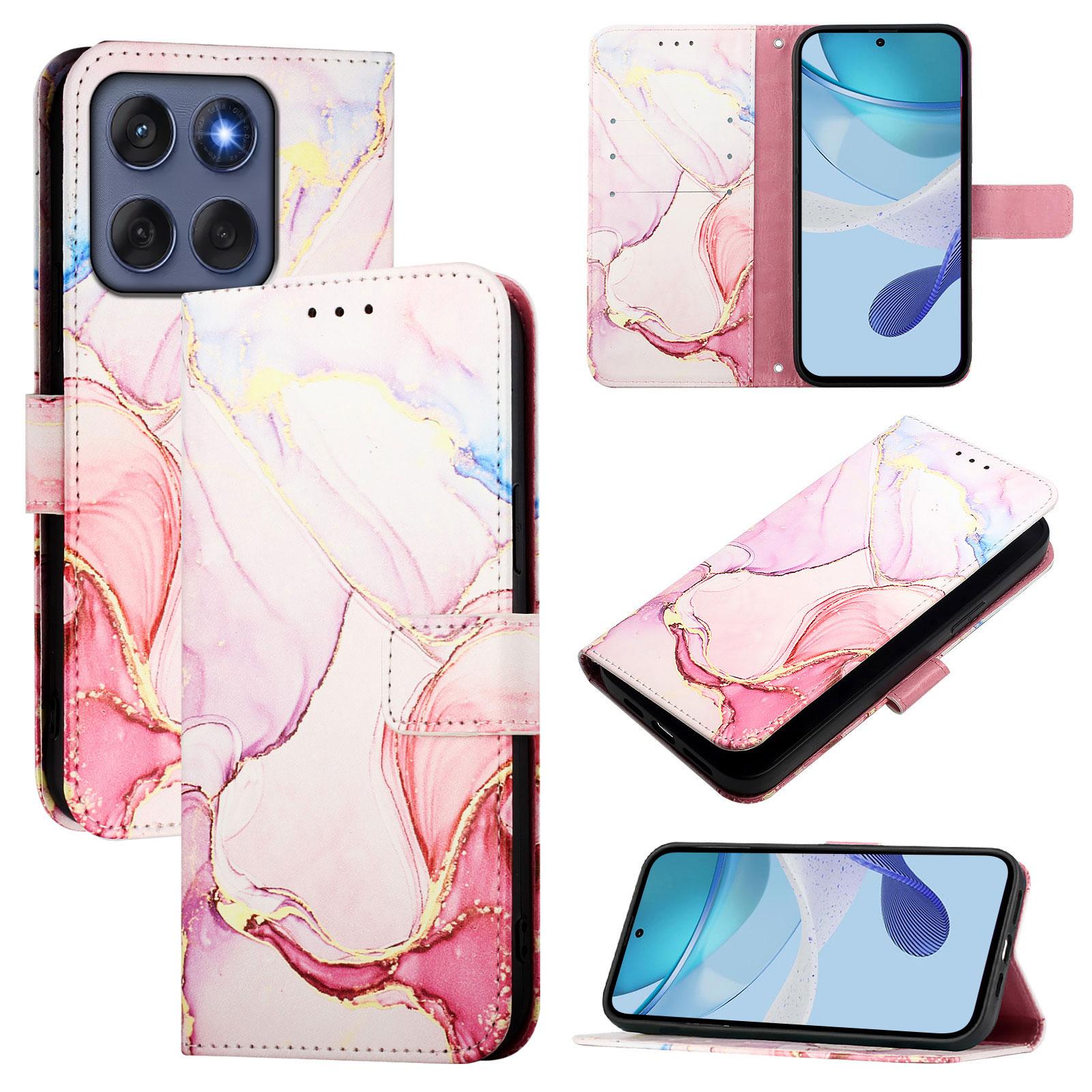 

For Motorola Edge 60 5G/Edge 60 5G/60 Fusion 5G Case with Strap Marble Pattern Leather Phone Cover Card Holder Rose Gold LS005