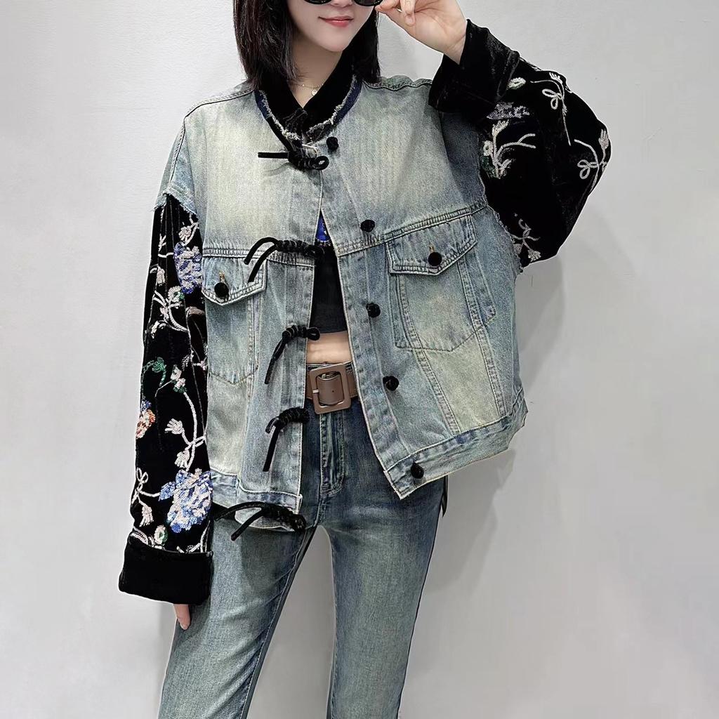 Autumn new splicing sequined velvet sleeves new Chinese style retro stand-up collar denim jacket top women