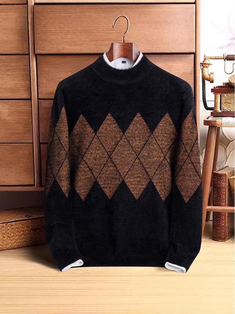 Trendig Vinterstickad Tröja för Herrar 2025 - Tjock Halvhög Krage Jacquardstickad Tröja i Imitationsminkflock