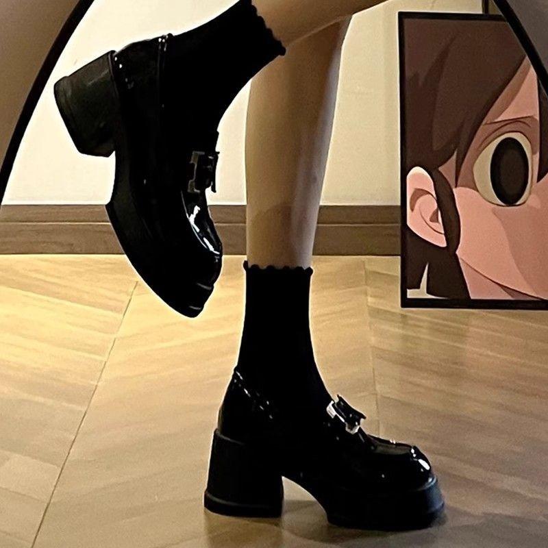 

Черные туфли на платформе из кожи, женские мокасины, туфли Мэри Джейн с одной педалью, увеличивающие рост одинарные туфли с пряжкой H, женские 40