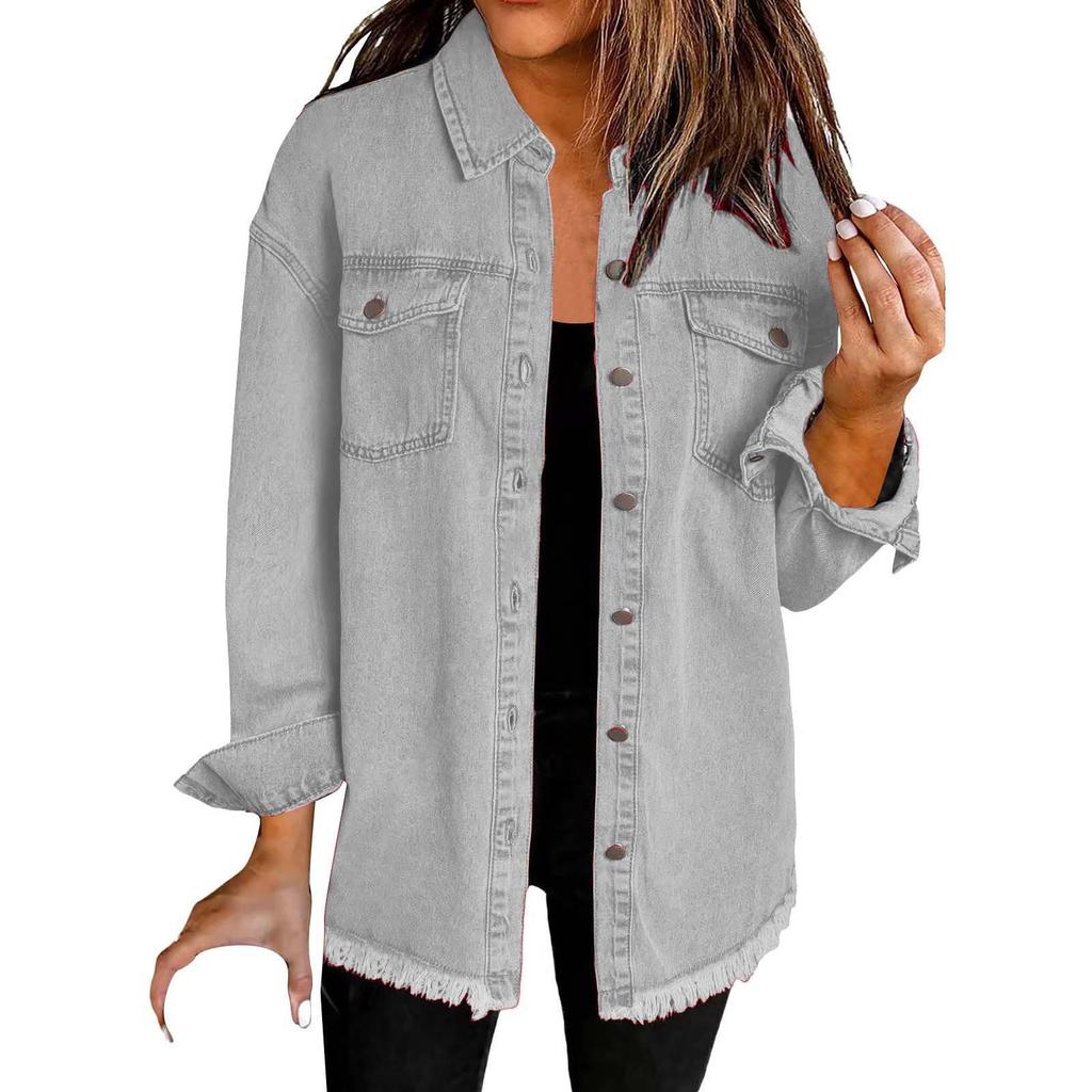 Women's Cross-Border Washed Denim Shirt Jacket - European & American Autumn/Winter Street Style with Frayed Hem