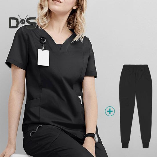 2 stk/sett Dame Sykehusuniformsett V-hals Kort ermet Lommer Topper Elastisk midje Joggebukser Sett Hurtigtørkende Sykehus Tannlege Sykepleierdrakt