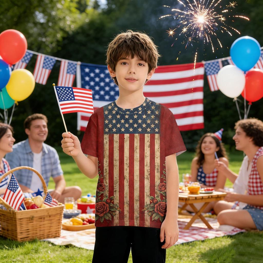 Kids Independence Day Print Round Neck Short Sleeve Casual T-shirt
