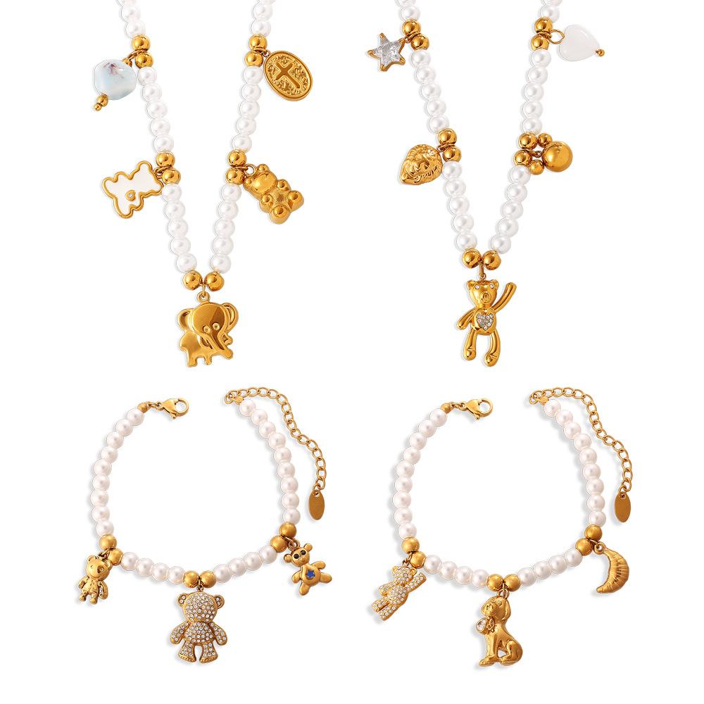 Pearl String Multi-Pendant Necklace Bracelet Cute Bear Smiley Element Sweet Wind Jewelry Set
