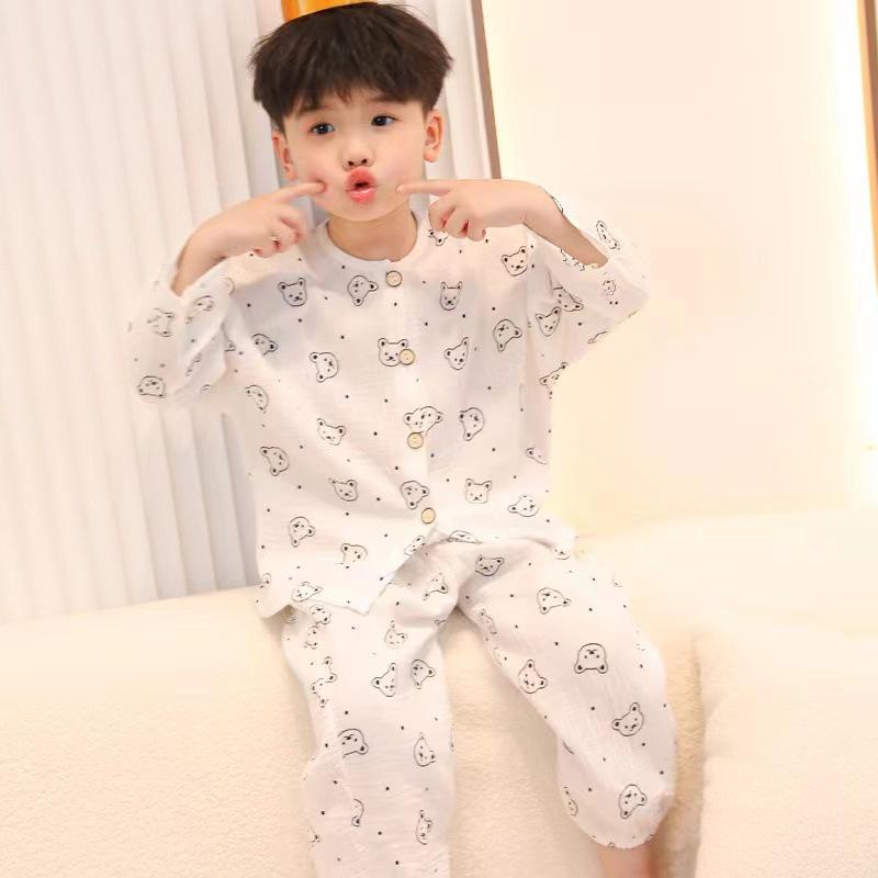 Kids' Cartoon Cotton Gauze Homewear Set - Nine-Sleeve, Unisex