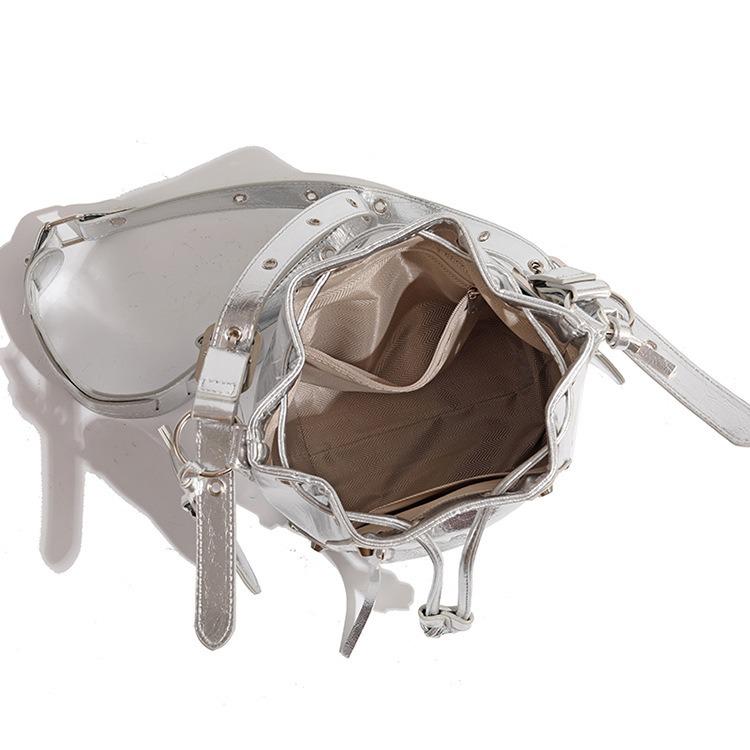 Women's Versatile Drawstring Studded Bucket Bag - High-End Casual Single Shoulder & Crossbody