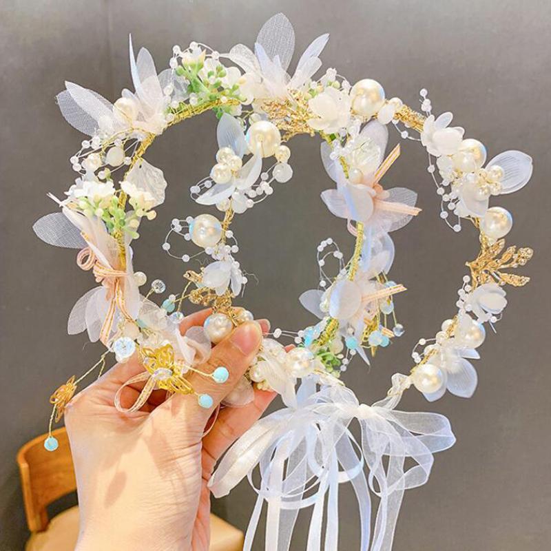 Hair Jewelry Children Gifts Spring Bohemian Girls Bridal Pearl Hair Headdress Flower Wreath Bride Garland Head Hoop Headbands